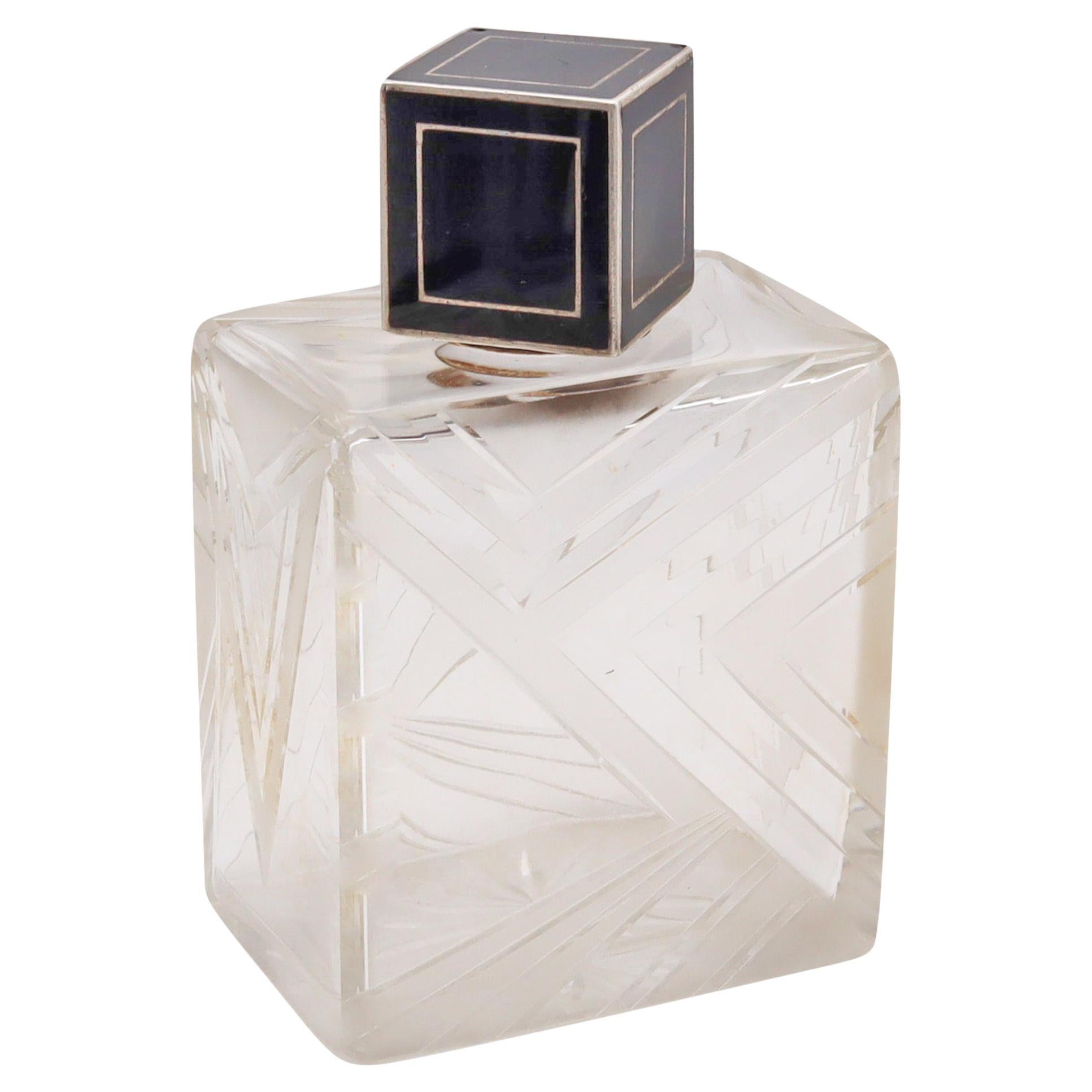 Victor Leneuf 1925 French Art Deco Geometric Glass Perfume Bottle .950 Silver For Sale
