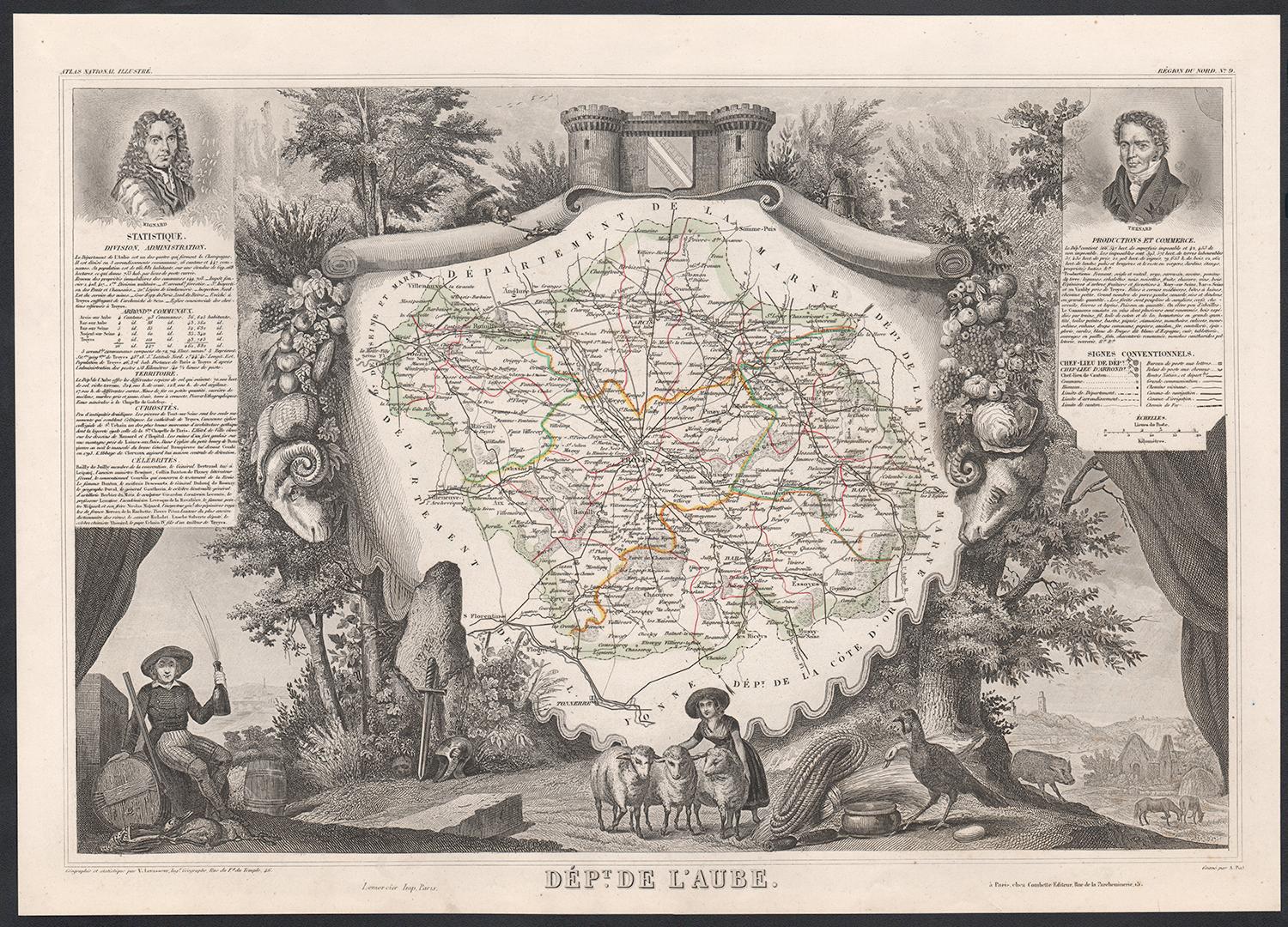 Victor Levasseur Landscape Print - Aube, France. Antique map of a French department, 1856