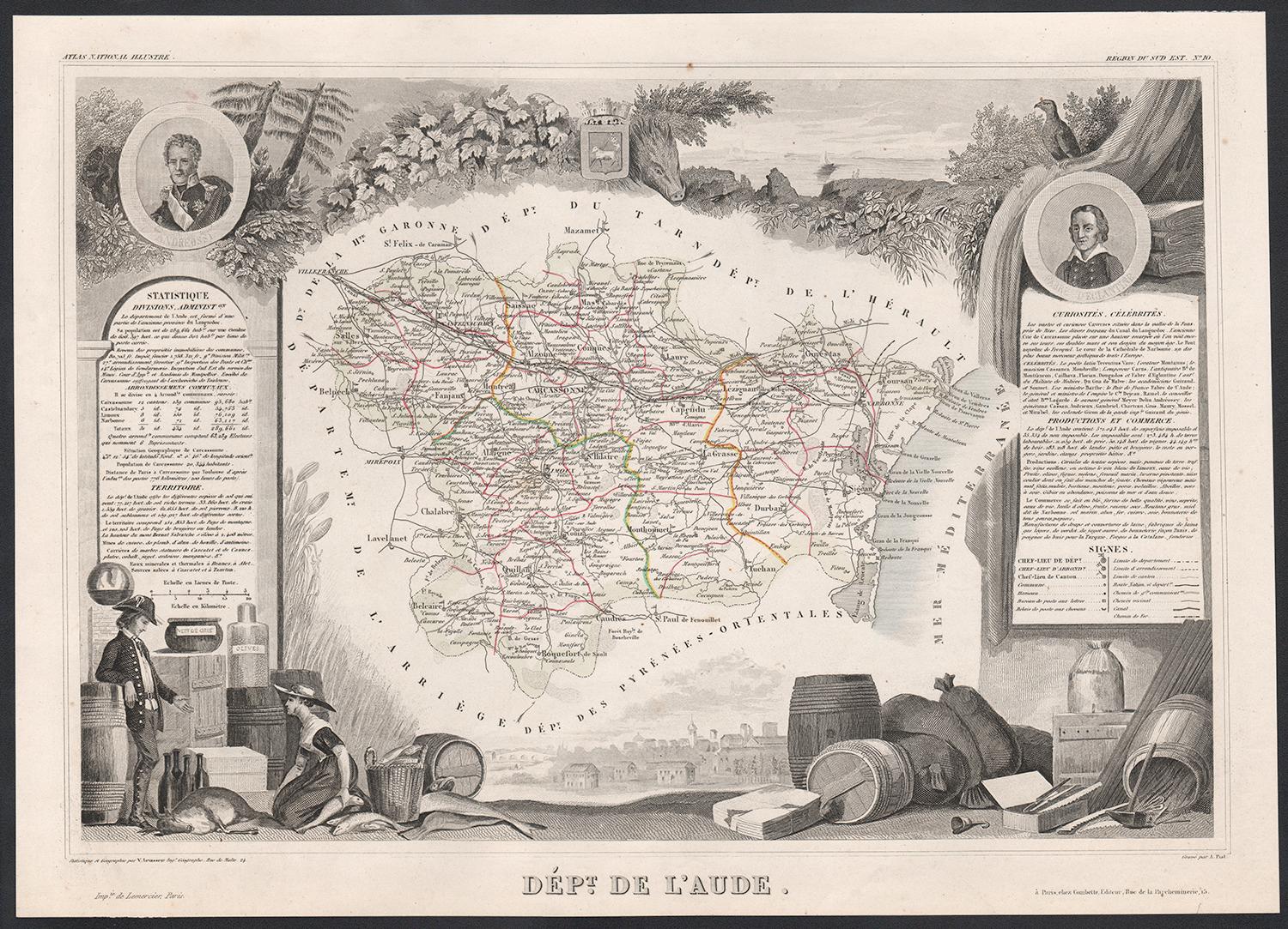 Aude, France. Carte ancienne d'un département français, 1856