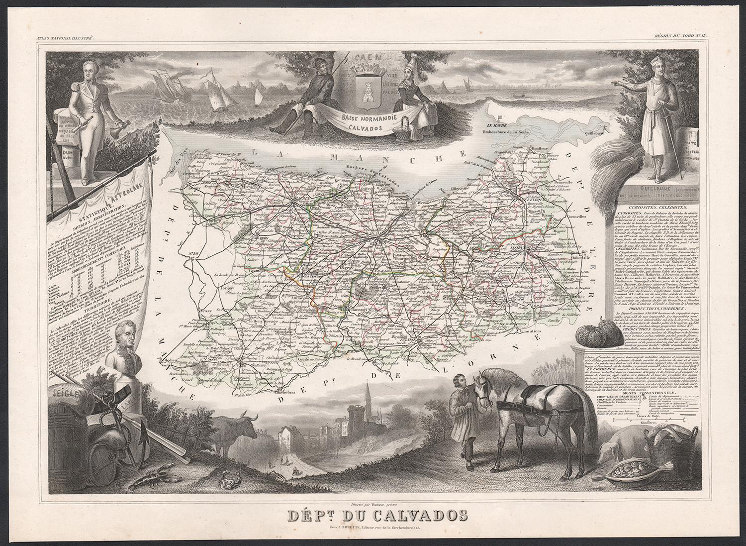 Calvados, France. Antique map of a French department, 1856