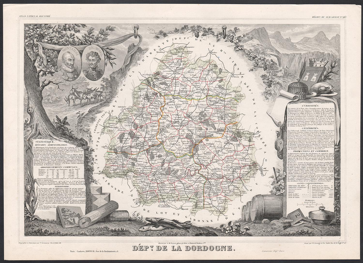 Victor Levasseur Landscape Print - Dordogne, France. Antique map of a French department, 1856