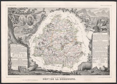 Dordogne, France. Antique map of a French department, 1856