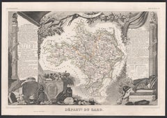 Gard, France. Antique map of a French department, 1856