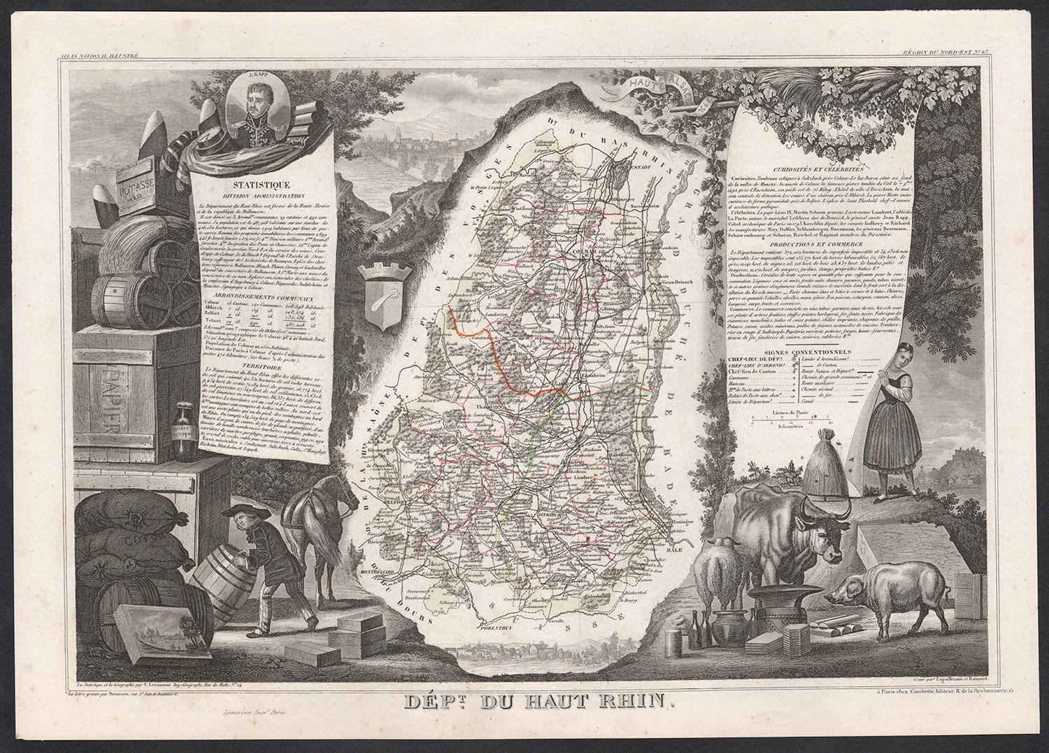 Victor Levasseur Landscape Print - Haut Rhin, France. Antique map of a French department, 1856