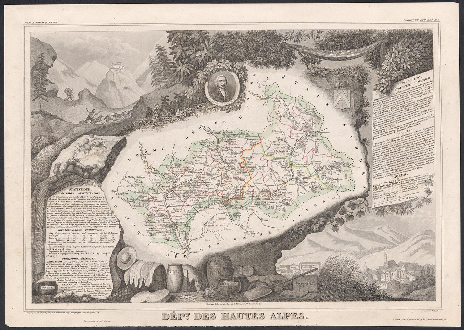 Victor Levasseur Landscape Print - Hautes Alpes, France. Antique map of a French department, 1856