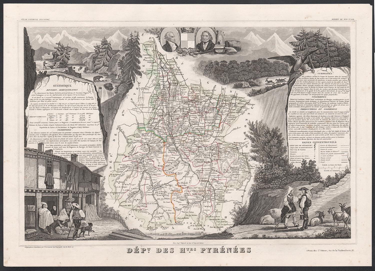 Les Hautes Pyrénées, France. Carte ancienne d'un département français, 1856