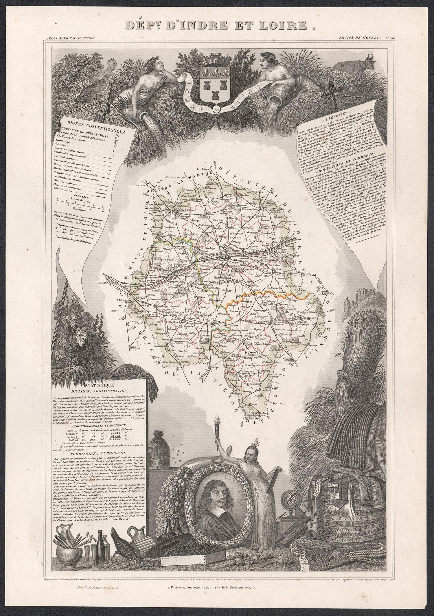 Victor Levasseur Landscape Print - Indre and Loire, France. Antique map of a French department, 1856