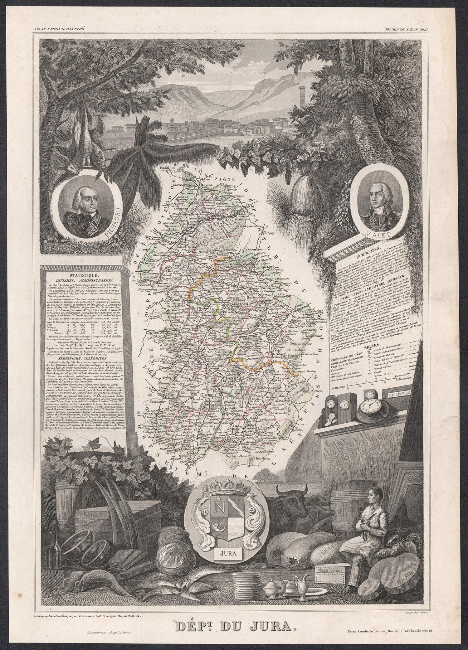 Jura, France. Carte ancienne d'un département français, 1856