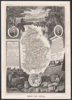 Jura, France. Antique map of a French department, 1856