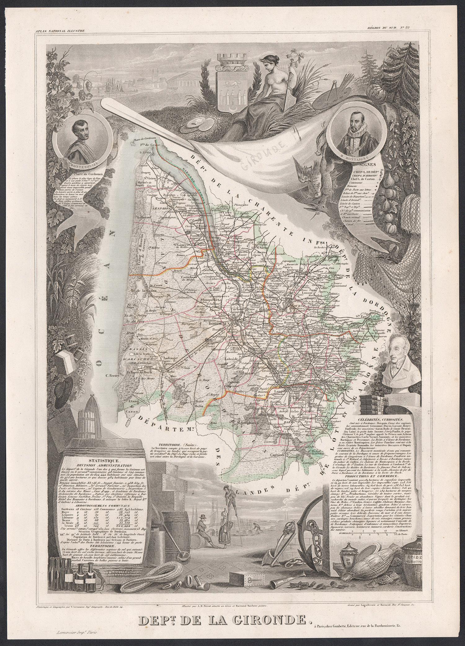 Victor Levasseur Landscape Print - La Gironde, France. Antique map of a French department, 1856