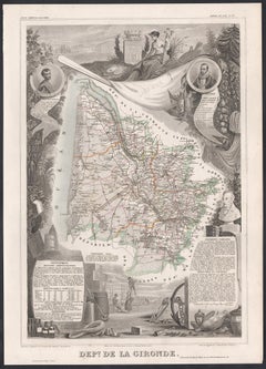 La Gironde, France. Antique map of a French department, 1856