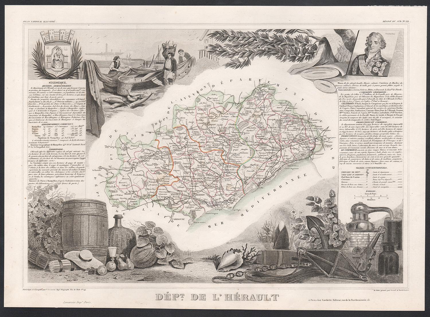 Victor Levasseur Landscape Print - L'Herault, France. Antique map of a French department, 1856