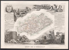 L'Herault, France. Antique map of a French department, 1856