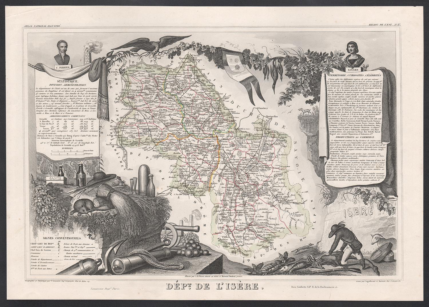 Landscape Print de Victor Levasseur - L'Isere, Francia. Mapa antiguo del departamento francés, 1856