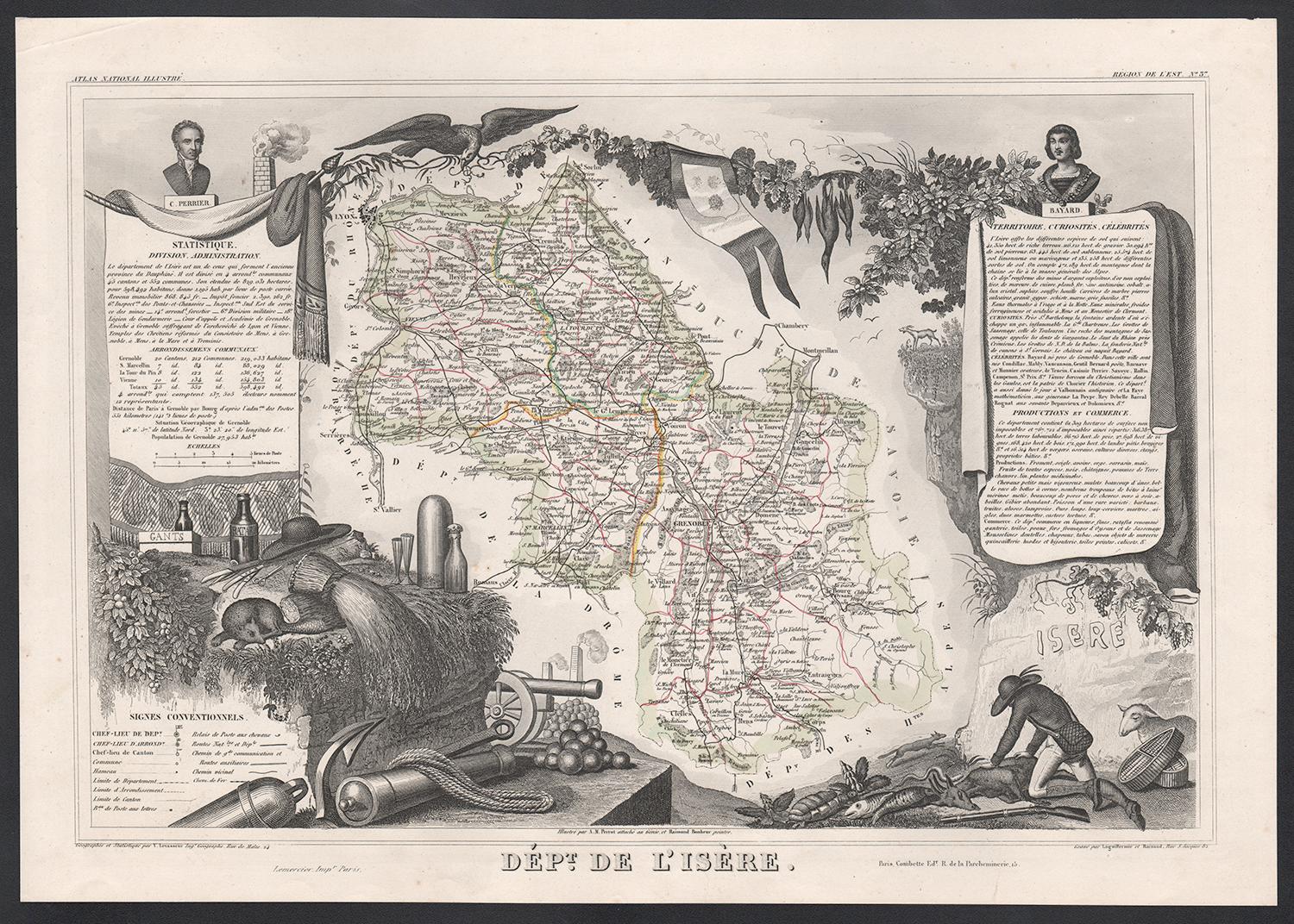 L'Isere, France. Antique map of French department, 1856