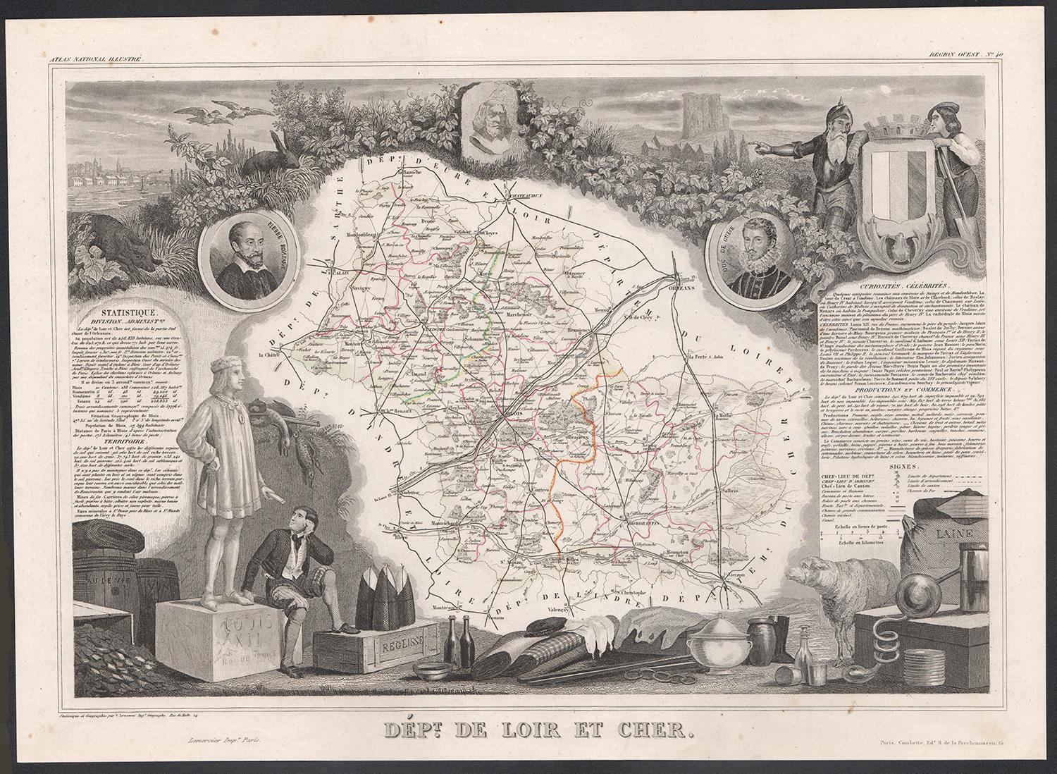 Loir and Cher, France. Antique map of a French department, 1856