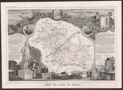 Loir et Cher, France. Carte ancienne d'un département français, 1856