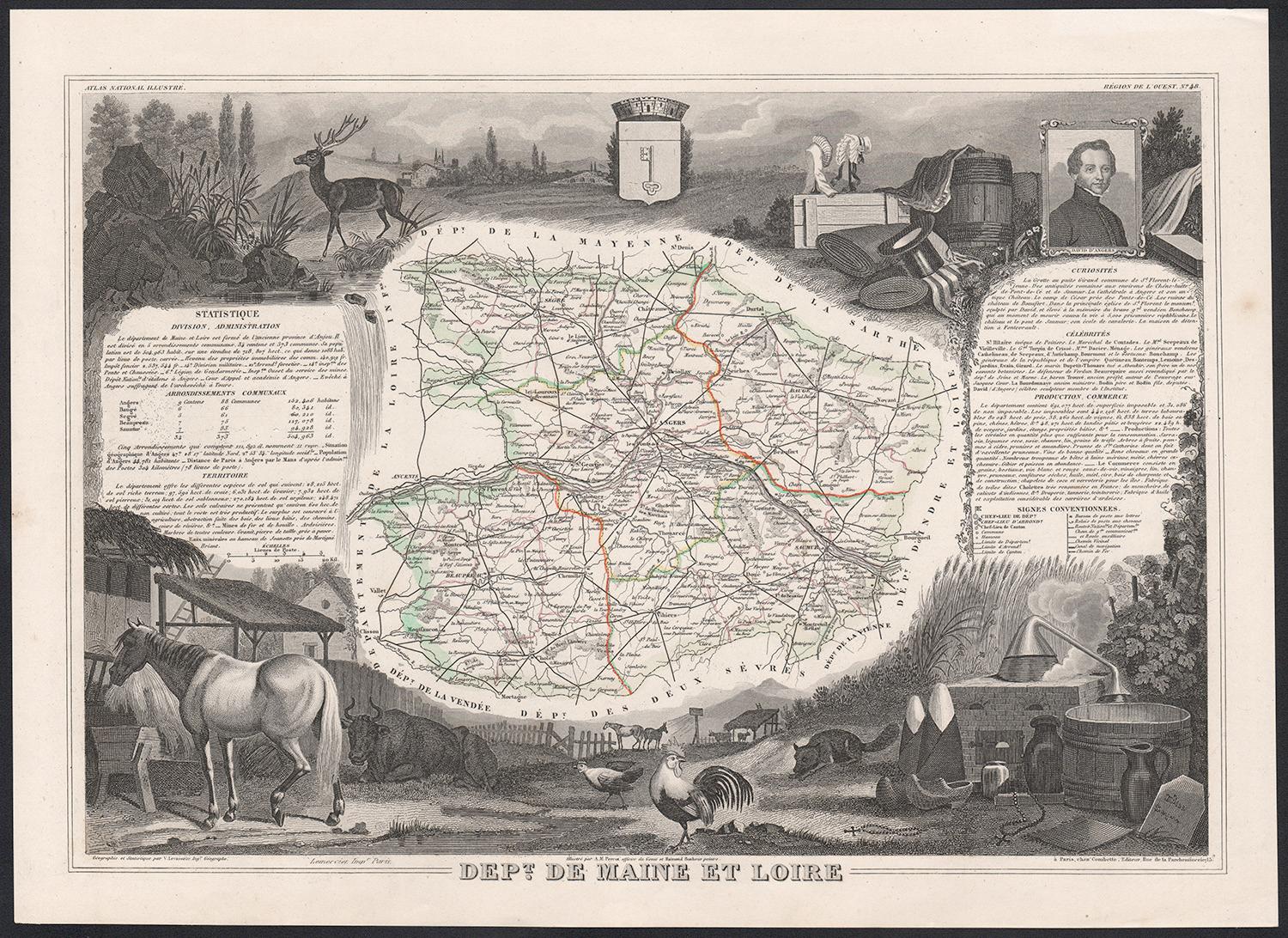 Victor Levasseur Landscape Print - Maine et Loire, France. Antique map of French department, 1856