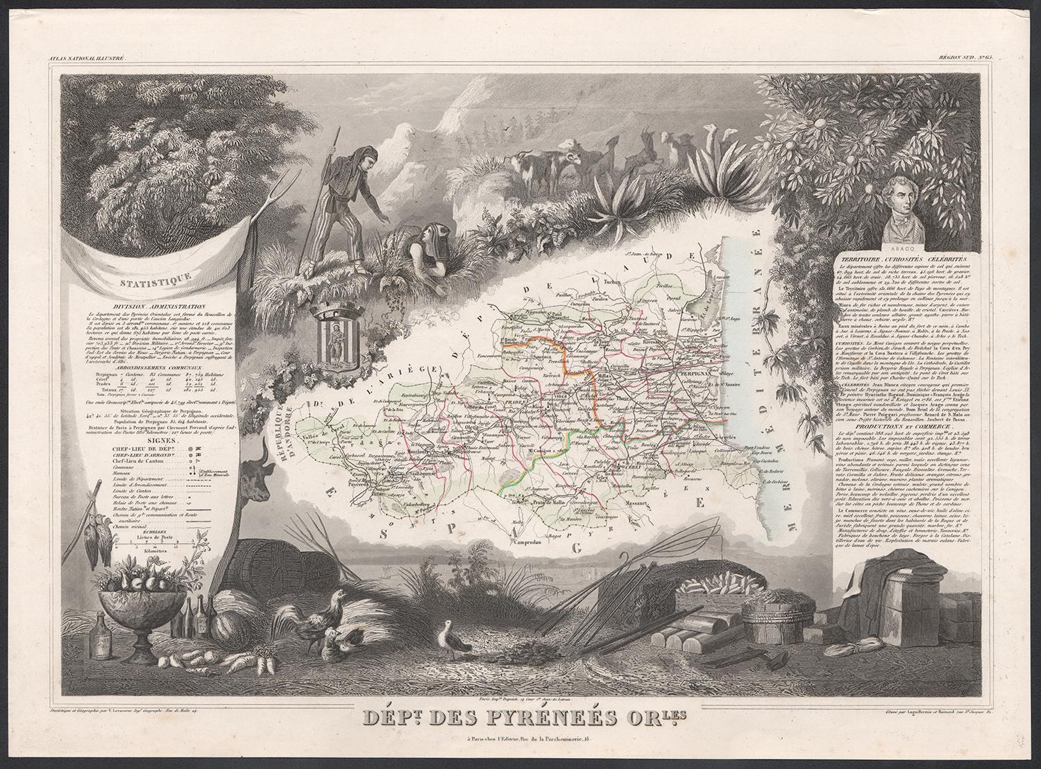 Pyrenees Orientales, France. Carte ancienne d'un département français, 1856