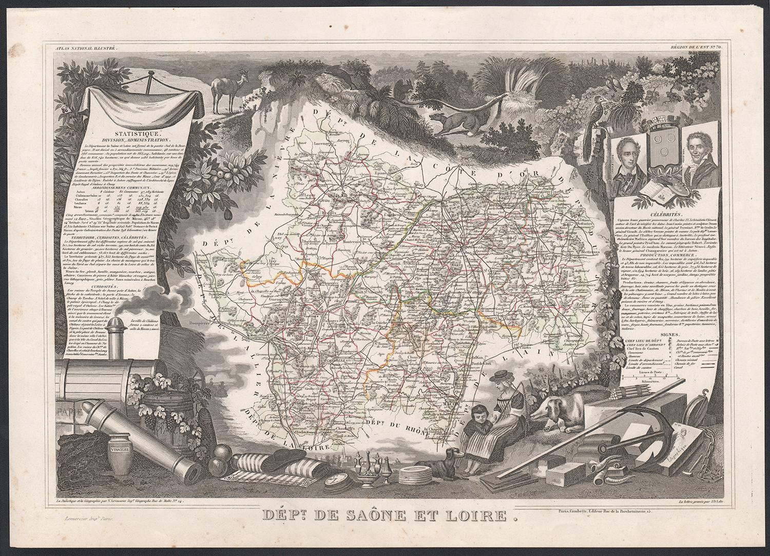 Saone et Loire, France. Carte ancienne d'un département français, 1856