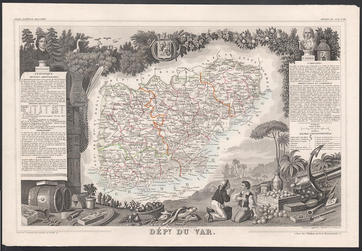 Victor Levasseur Landscape Print - Var, France. Antique map of a French department, 1856