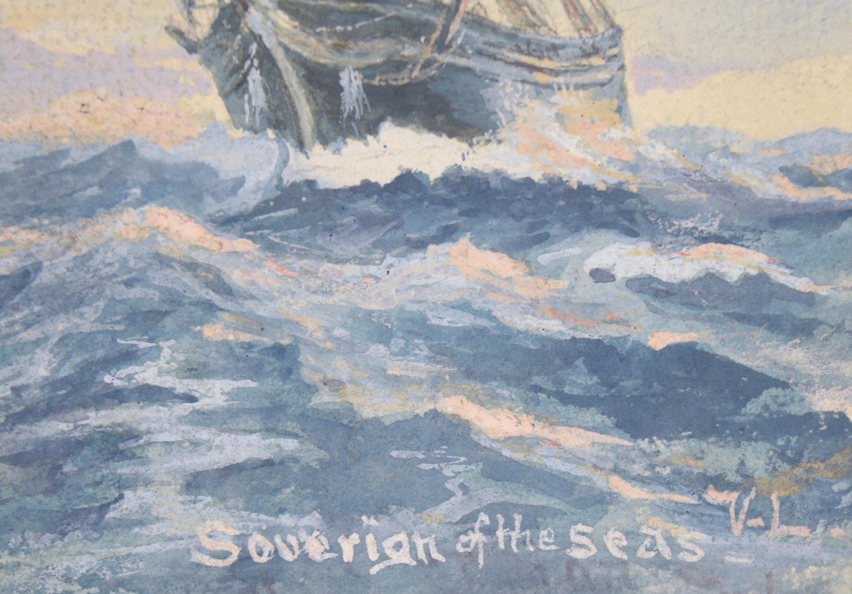 Regia representación de la Soberana de los Mares por Victor Lind (Suecia, s. XIX-XX). El barco navega hacia el espectador, con el sol a la derecha, iluminando las velas. El barco y el mar están finamente detallados, mostrando la maestría de Lind en