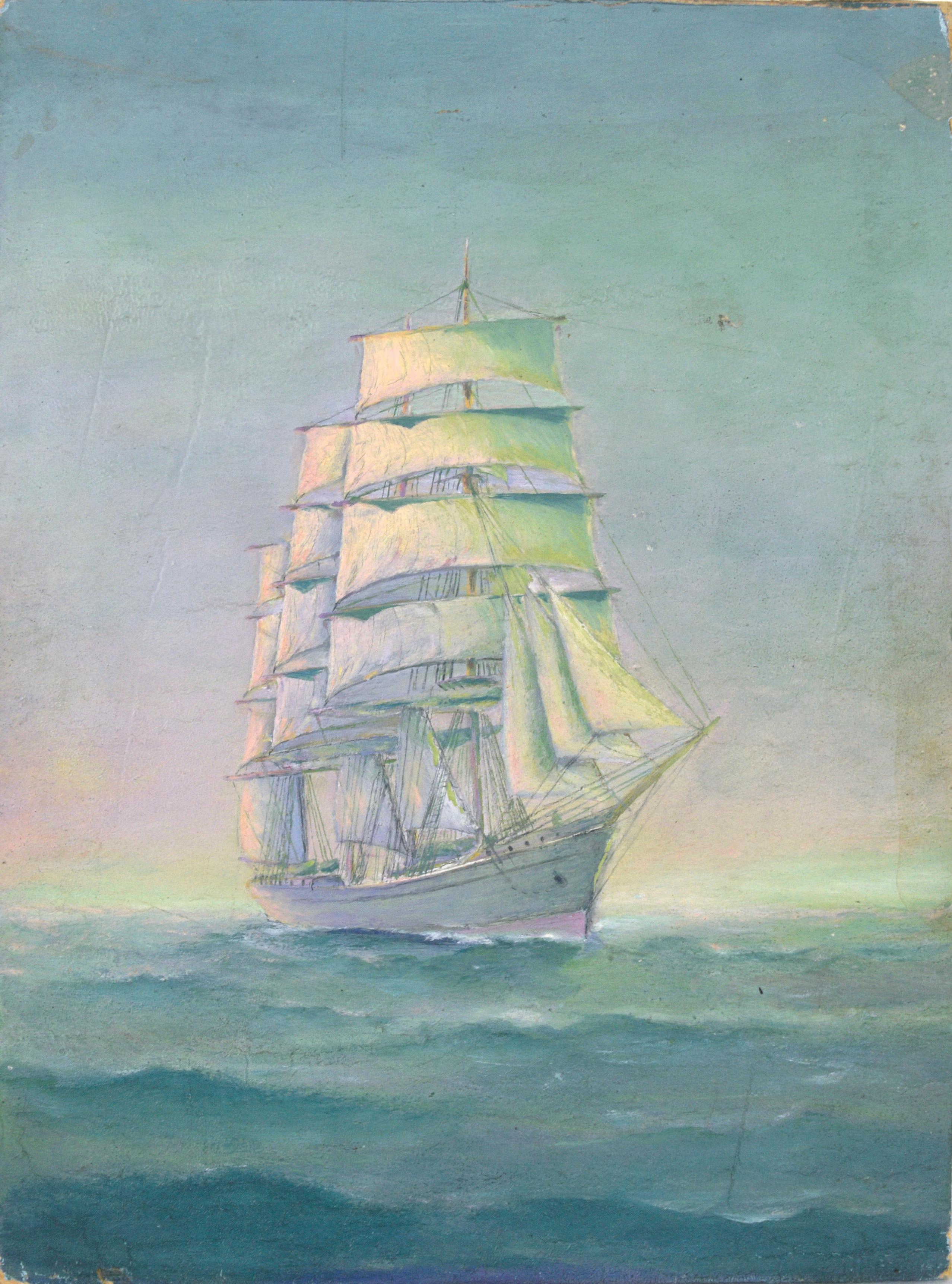 Vintage Full-Rigged Sailing Ship 1938 Oil Painting