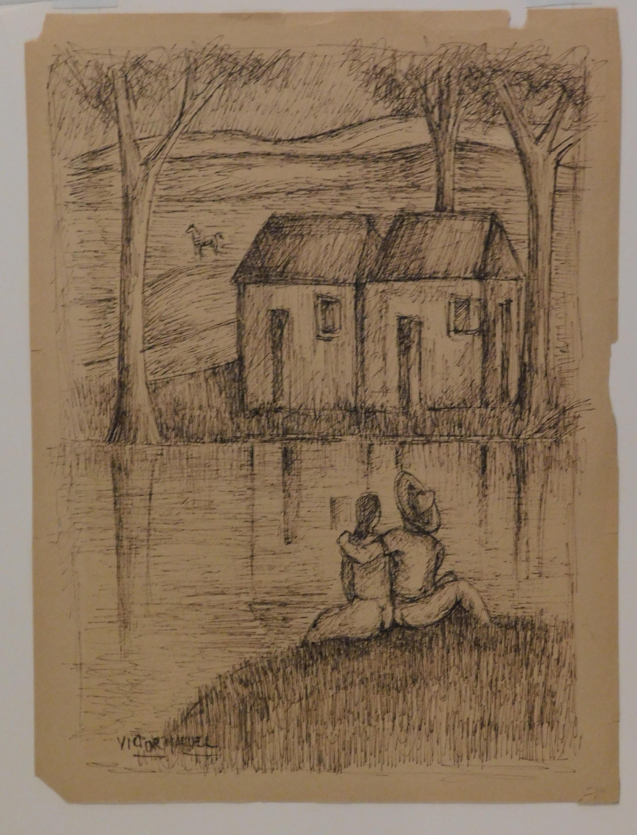 Original pen & ink drawing by well-known Cuban artist Victor Manuel (1897-1969).
The subject is a man and woman seated near the water. 
This pen and ink drawing on graph paper bears a rubber stamp on the verso.
Image measures: 10