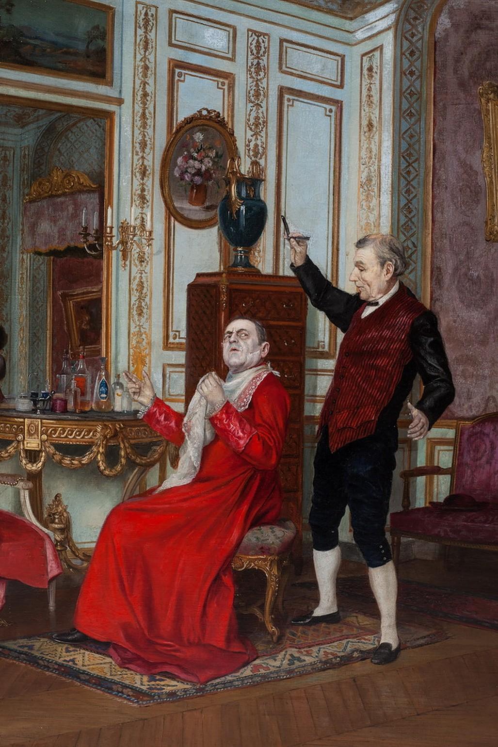 In this work, we can see how cardinal is undergoing a beard shortening procedure. The cardinal and his servant are in a French-style room full of luxuries and drinks.

Victor Marais-Milton (1872-1948) was a French artist, born in Puteaux,