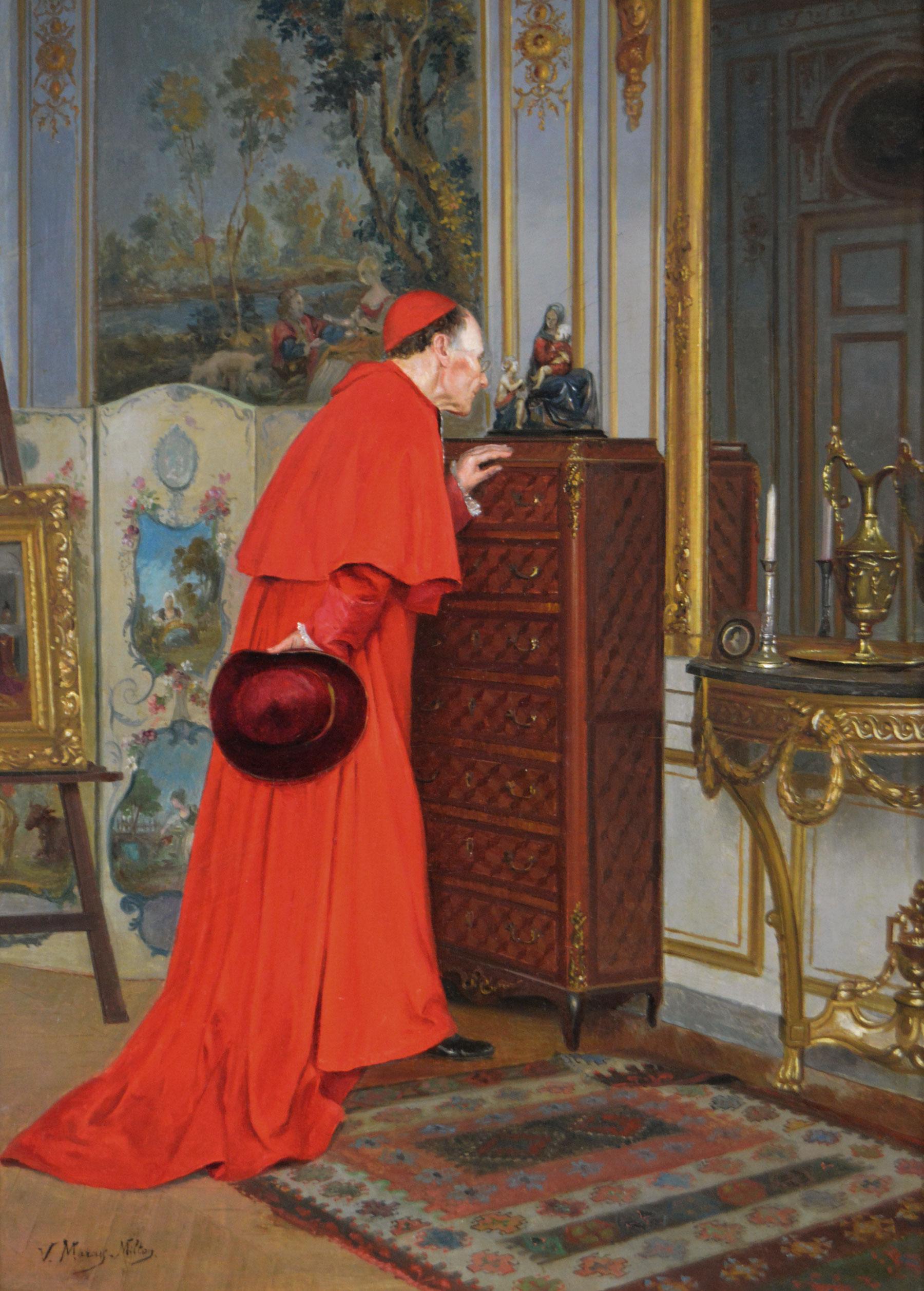 19th Century genre oil painting of a cardinal  - Painting by Victor Marais-Milton