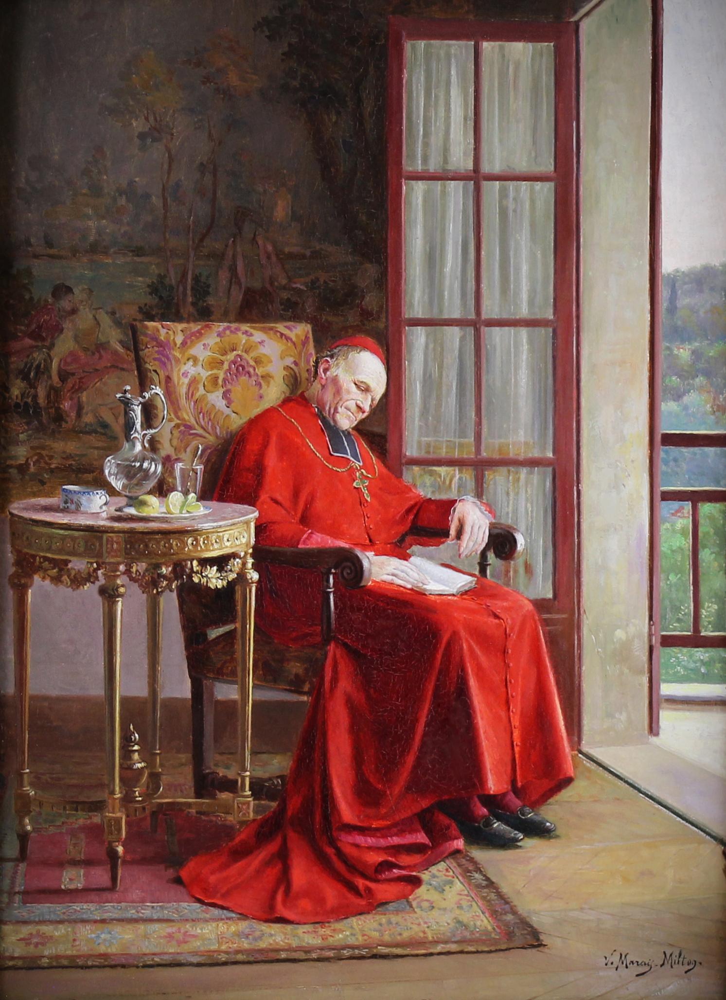 Il pisolino del cardinale Pittura a olio su tavola di Victor Marais-Milton 1