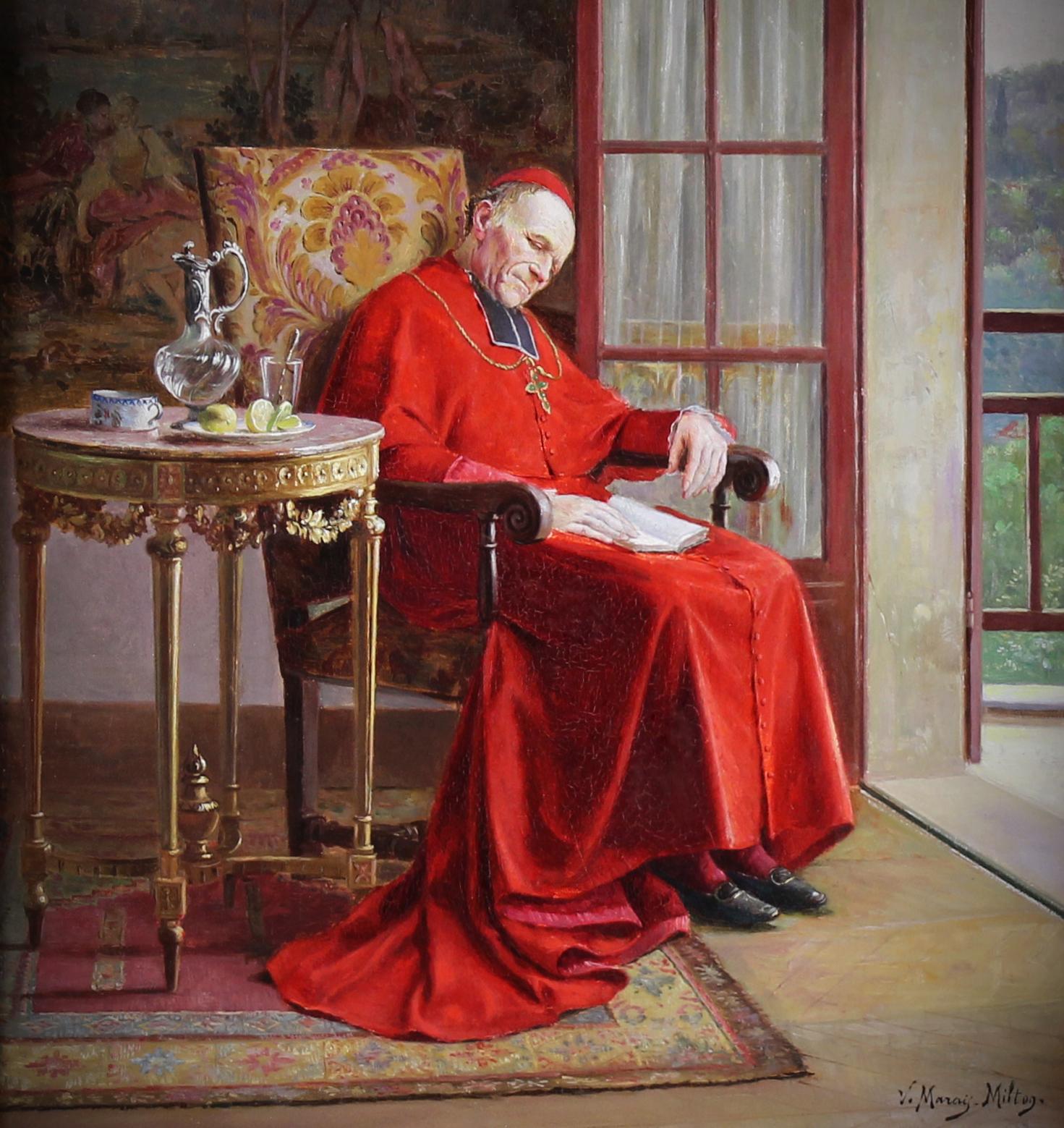 Il pisolino del cardinale Pittura a olio su tavola di Victor Marais-Milton 2