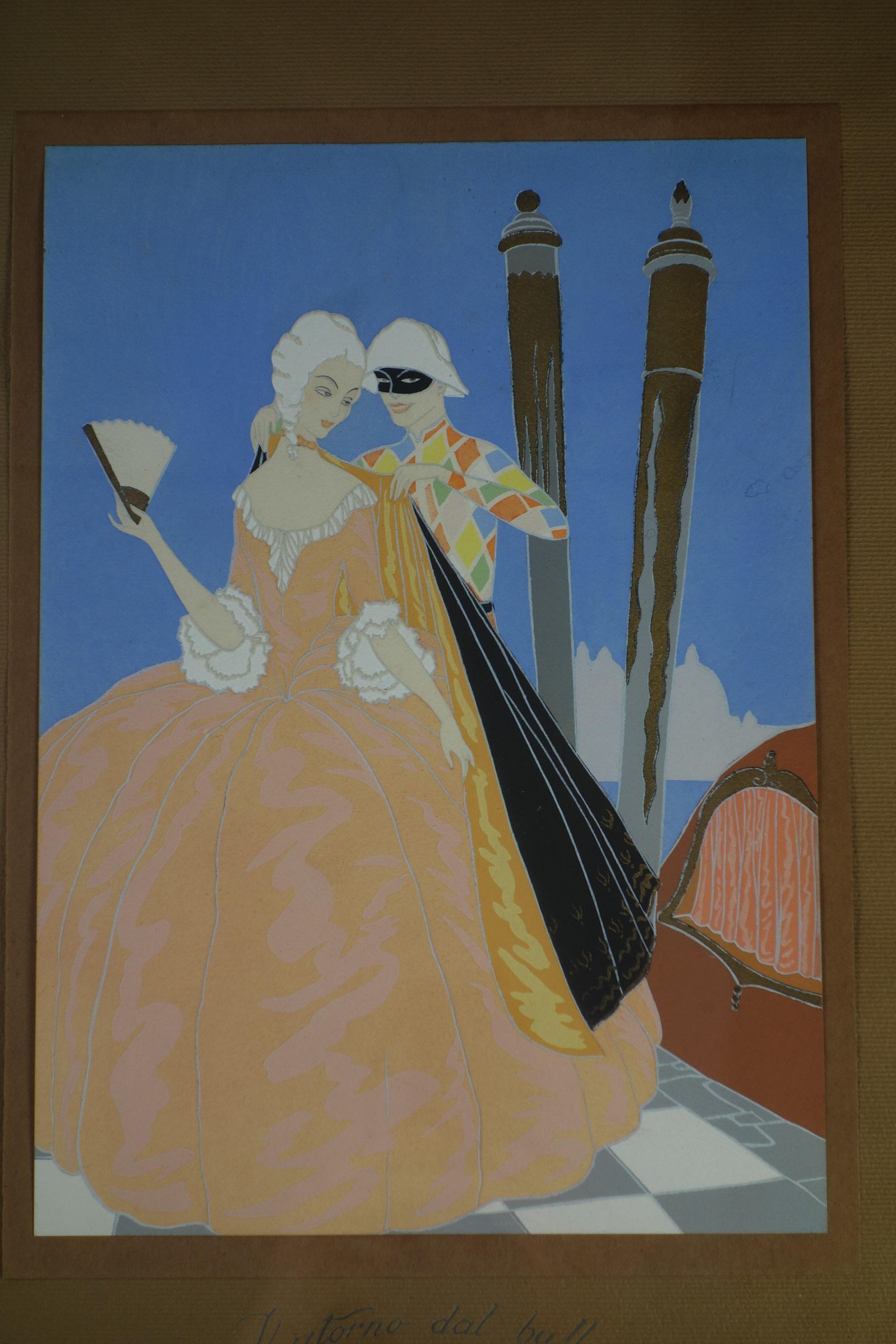 Victor Max Ninon 1920 Art Deco Venedig Karneval Pochoir Set von 2 im Angebot 6