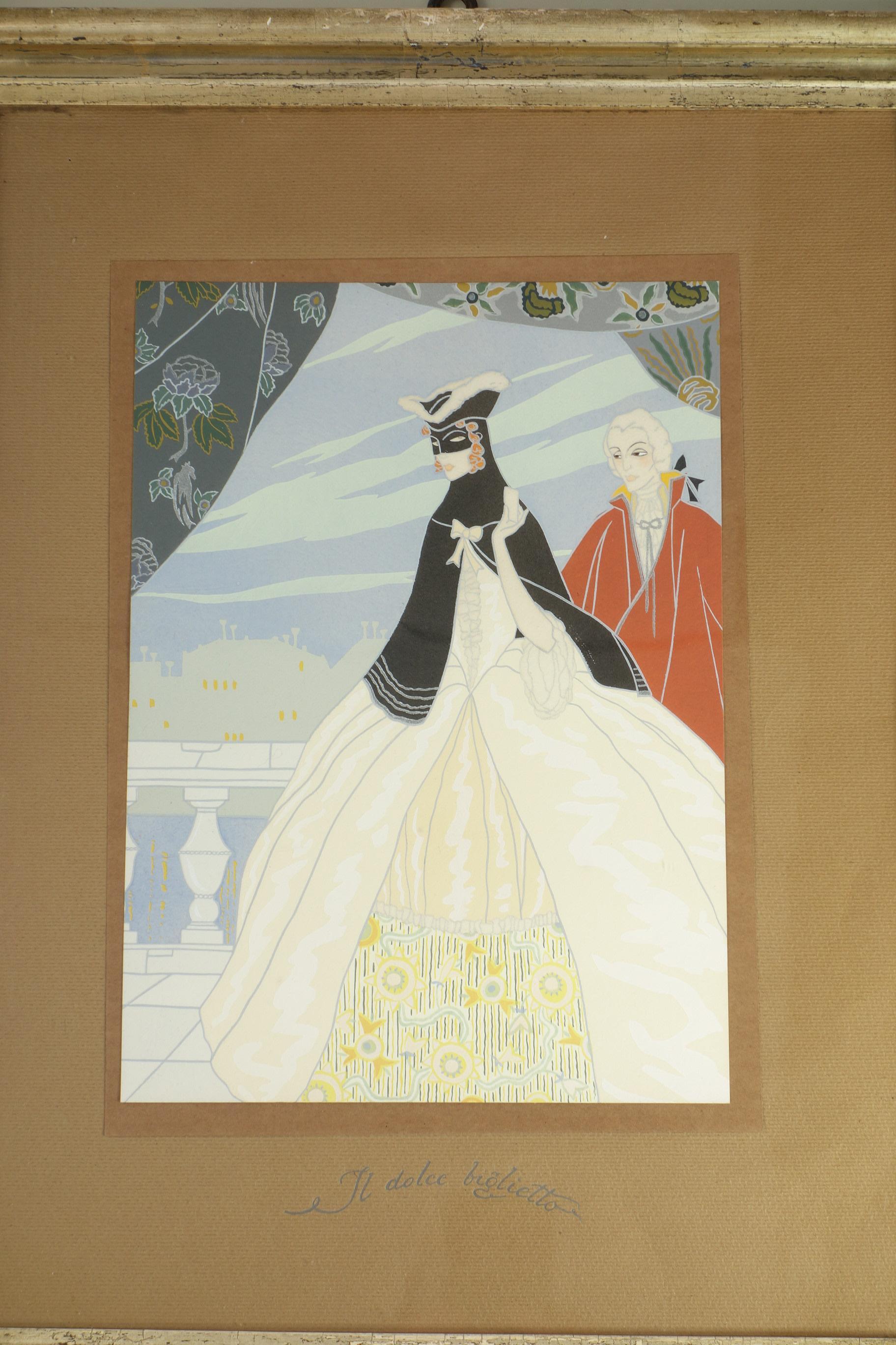 Victor Max Ninon 1920 Art Deco Venedig Karneval Pochoir Set von 2 (Art déco) im Angebot