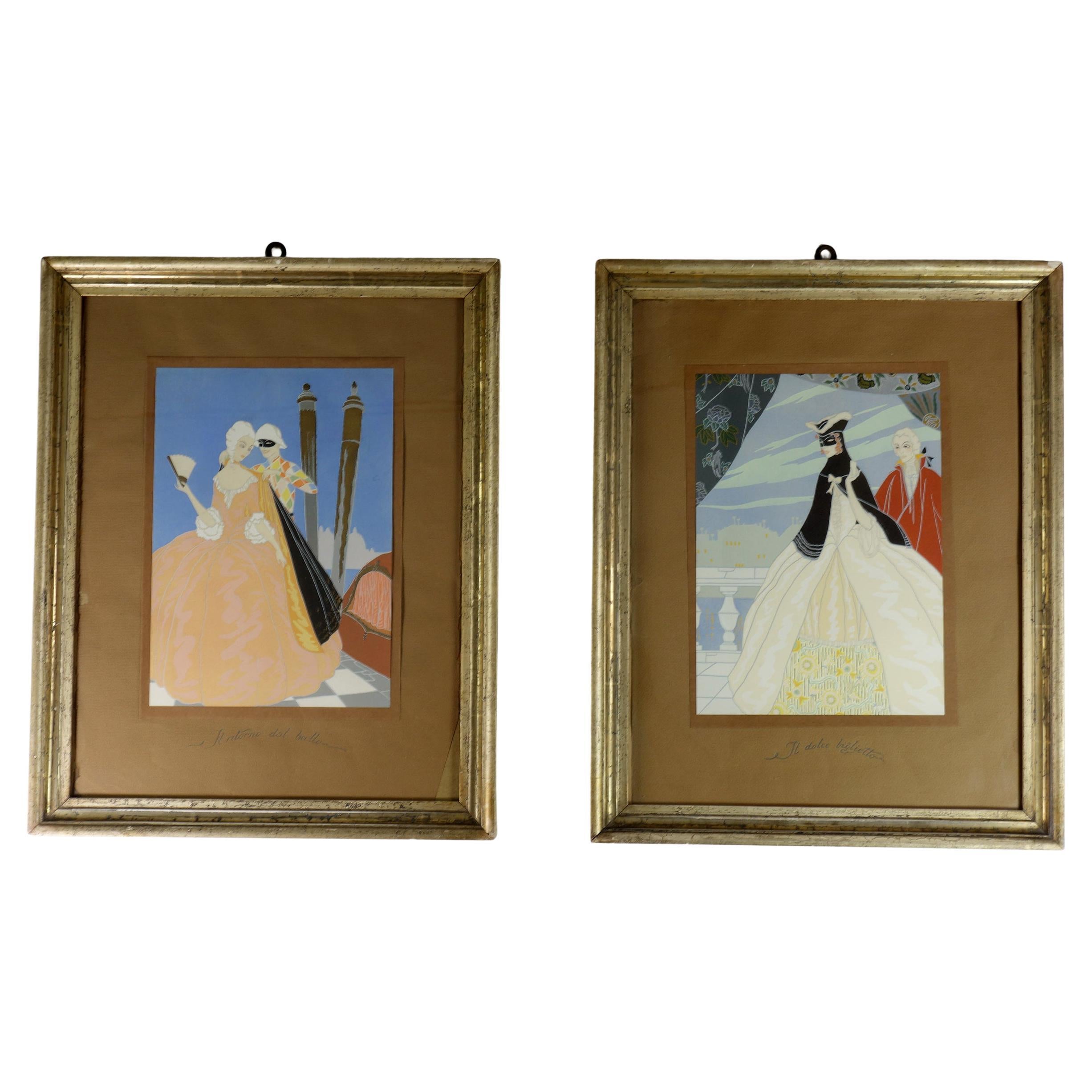 Victor Max Ninon 1920 Art Deco Venice Carneval Pochoir Set of 2