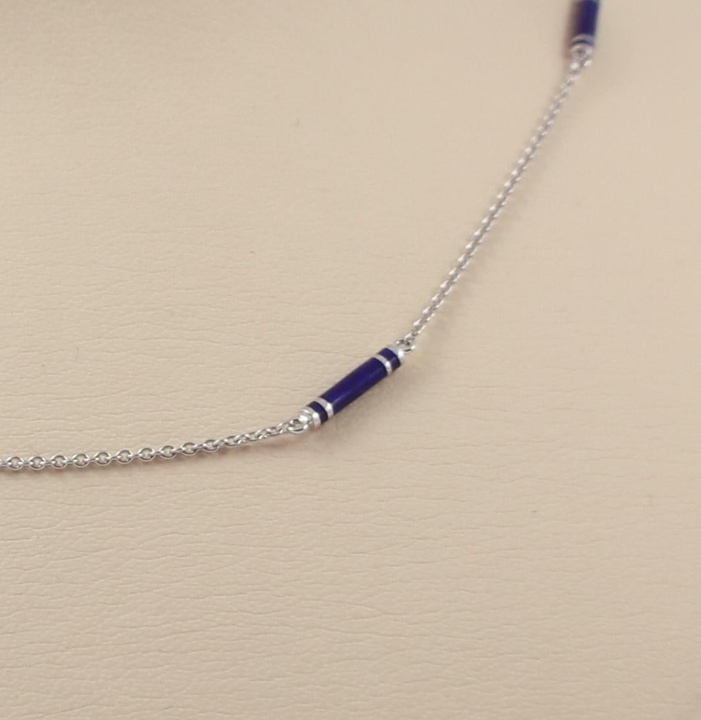 Contemporary Victor Mayer 18k White Gold Chain Necklace with Four Blue Vitreous Enamel Links For Sale