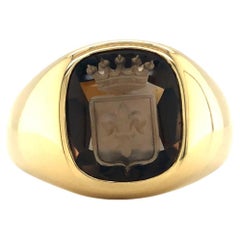 Victor Mayer Antique Signet Ring 18k Yellow Gold Smoky Quartz with Engraving