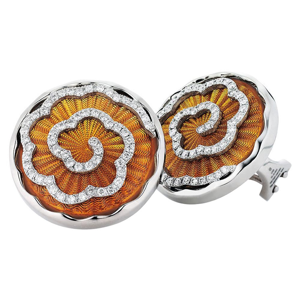 Round Earrings 18k White Gold Amber Yellow Enamel 114 diamonds 0.84 ct For Sale