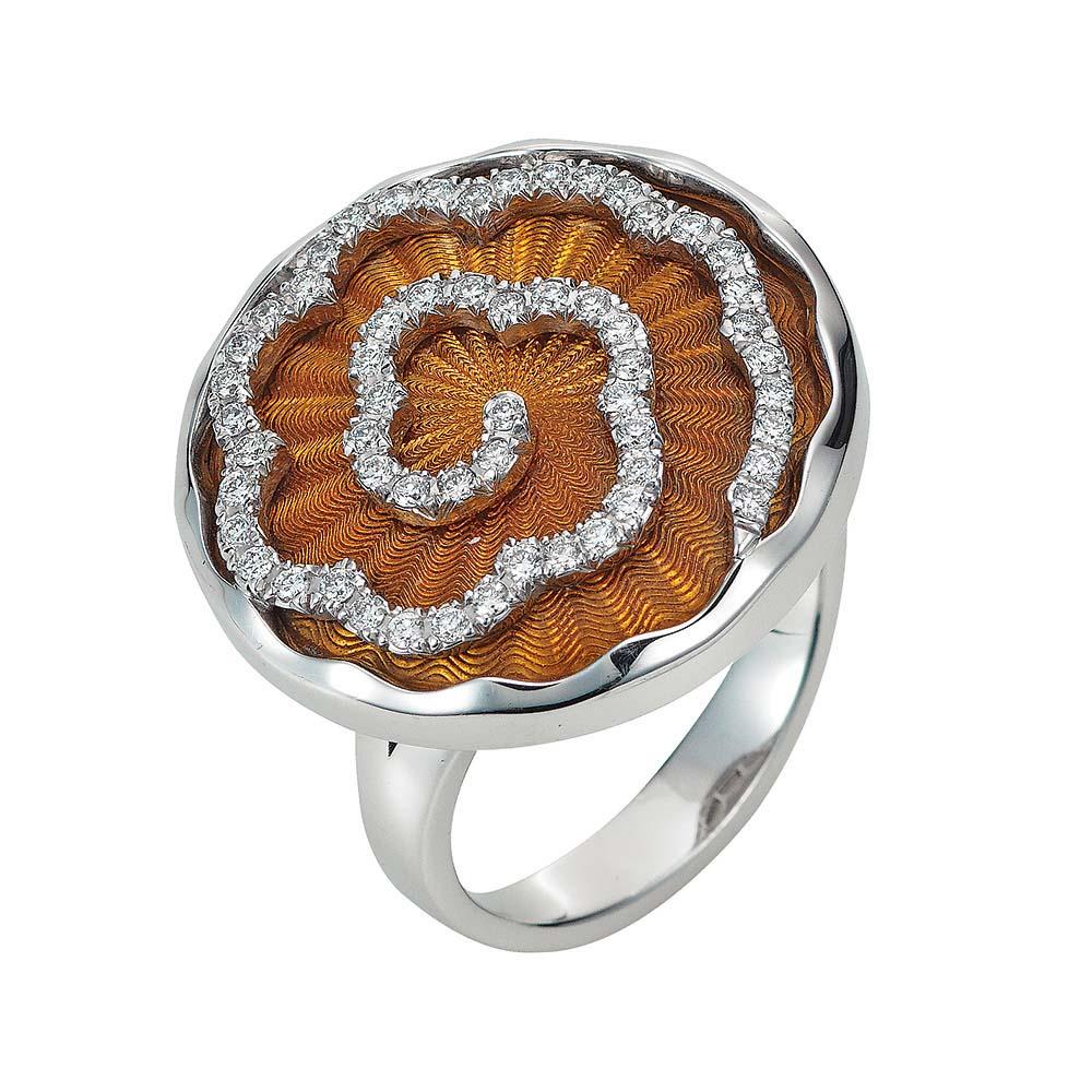 Victor Mayer Artemis Amber Colored Enamel Ring in White Gold/Yellow Gold with 57 Diamonds

VICTOR MAYER is a fine jewelry house known for its sophisticated craftsmanship. Since 1989, the company has been closely associated with the Fabergé name as a