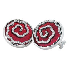 Round Stud Earrings 18k White Gold Light Red Vitreous Enamel 114 Diamonds 0.84ct