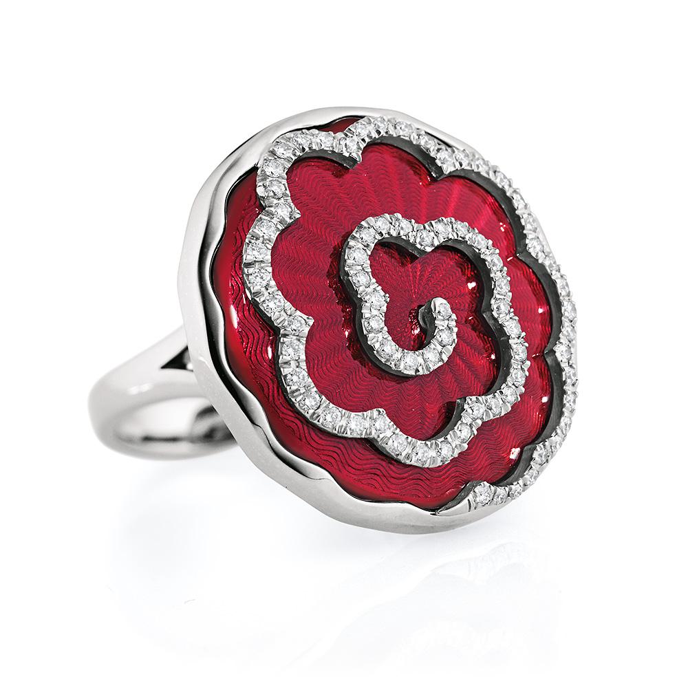 Contemporary Victor Mayer Artemis Light Red Enamel Ring in 18k White Gold with 57 Diamonds For Sale