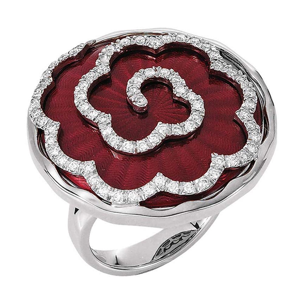 Victor Mayer Artemis Light Red Enamel Ring in 18k White Gold with 57 Diamonds For Sale