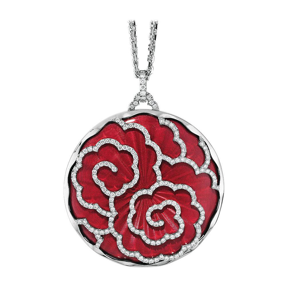 Round Pendant Necklace 18k White Gold Light Red Enamel 213 Diamonds 2.12 ct G VS