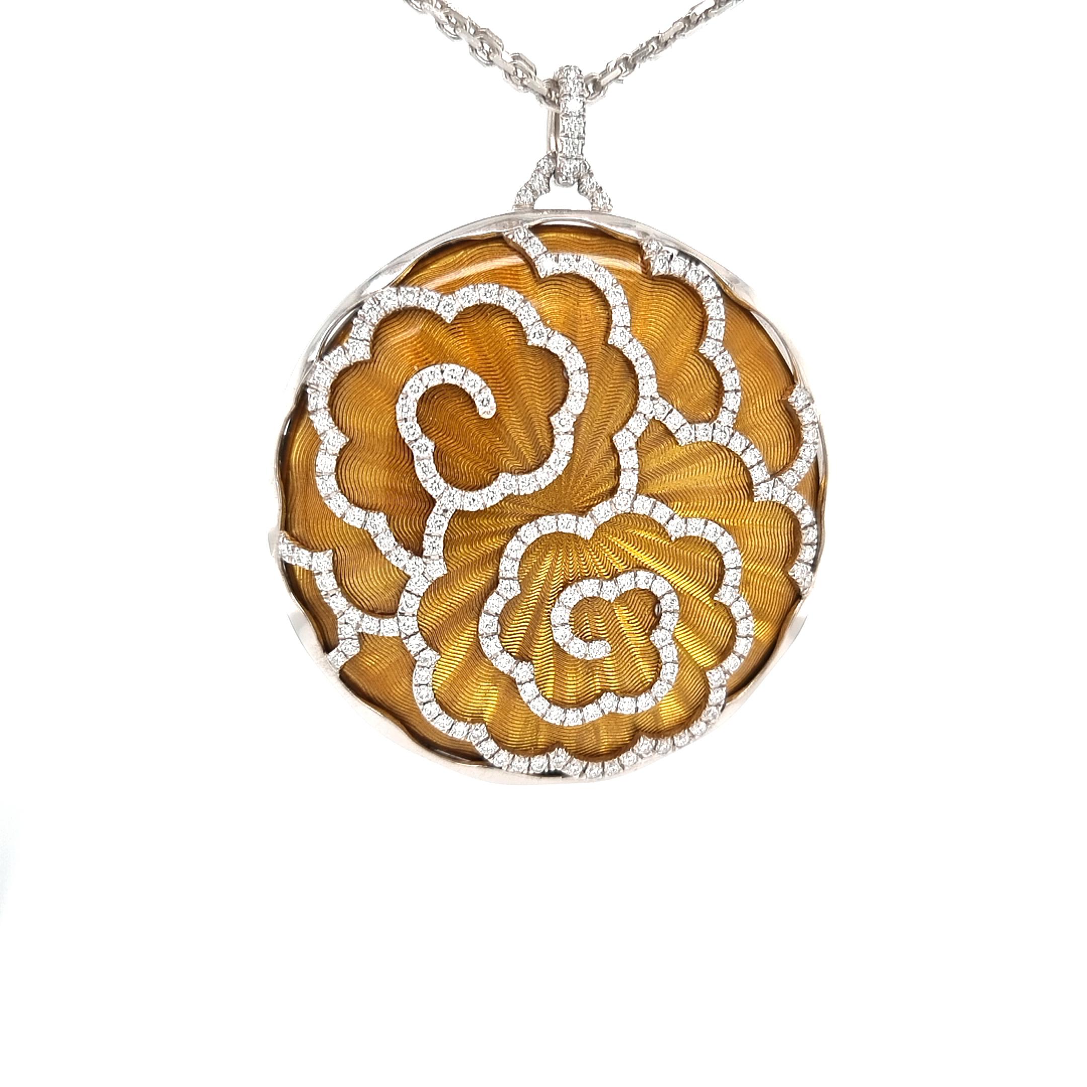 Victor Mayer round Pendant Necklace, 18k white and yellow gold (disc underneath enamel), Artemins collection, amber yellow vitreous enamel, guilloche engraving underneath, 213 diamonds, total 2.12 ct, G VS brilliant cut, diameter app. 46.0 mm

About