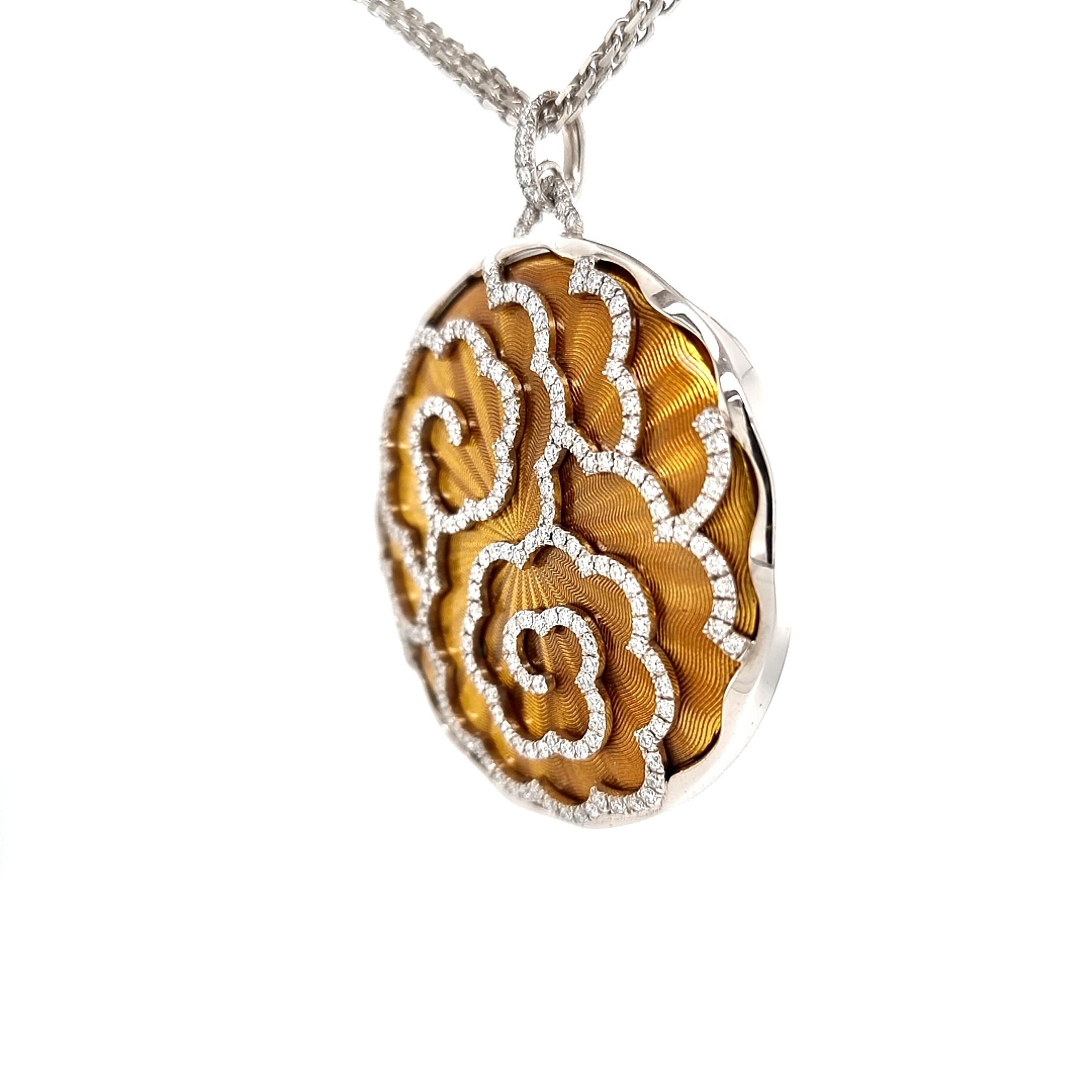 Art Deco  Round Pendant Necklace 18k White Gold Amber Yellow Enamel 213 diamonds 2.12 ct For Sale
