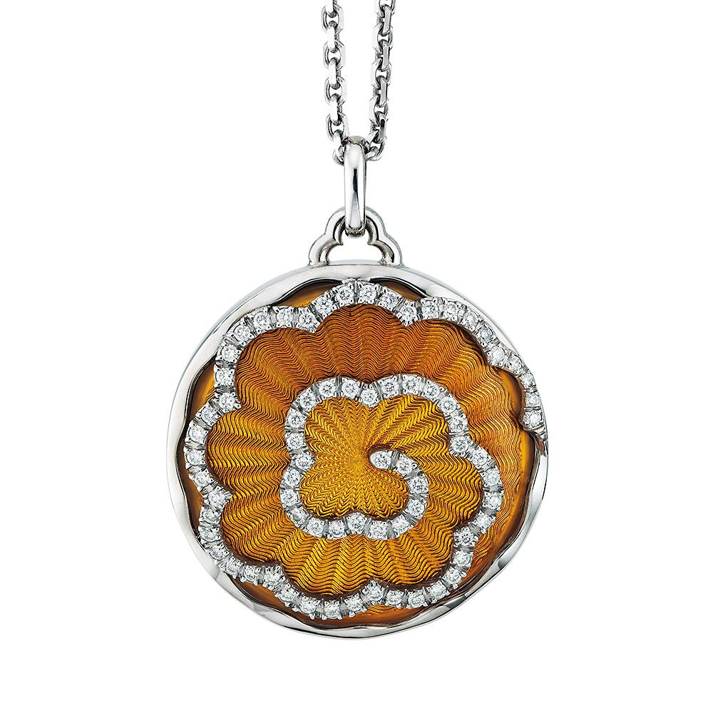 Victor Mayer round pendant Artemis, 18k white gold & yellow gold (underneath enamel), amber yellow vitreous enamel, guilloche engraved disc, 72 diamonds, total 0.53 ct, G VS, brilliant cut

About the creator Victor Mayer
Victor Mayer is