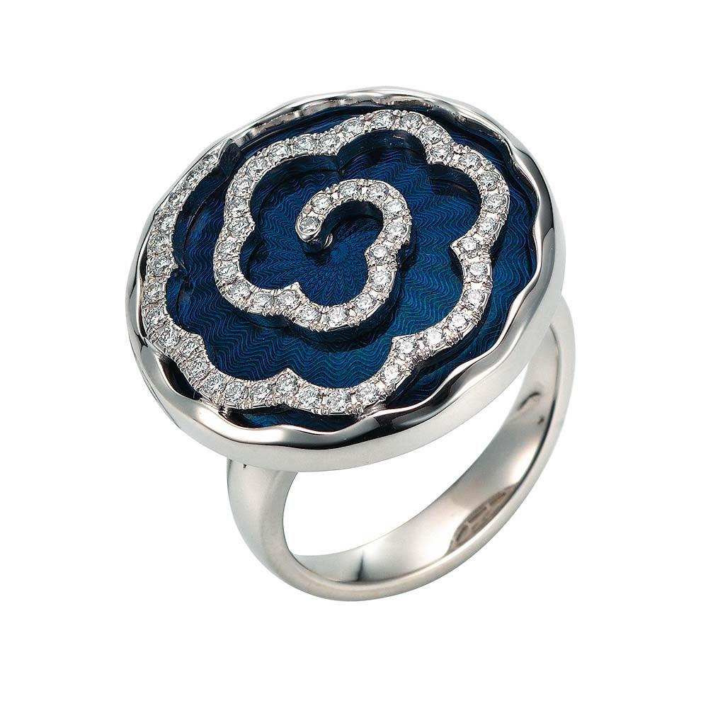 For Sale:  Round Petrol Blue Guilloche Enamel Ring 18k White Gold 57 diamonds total 0.42ct 2