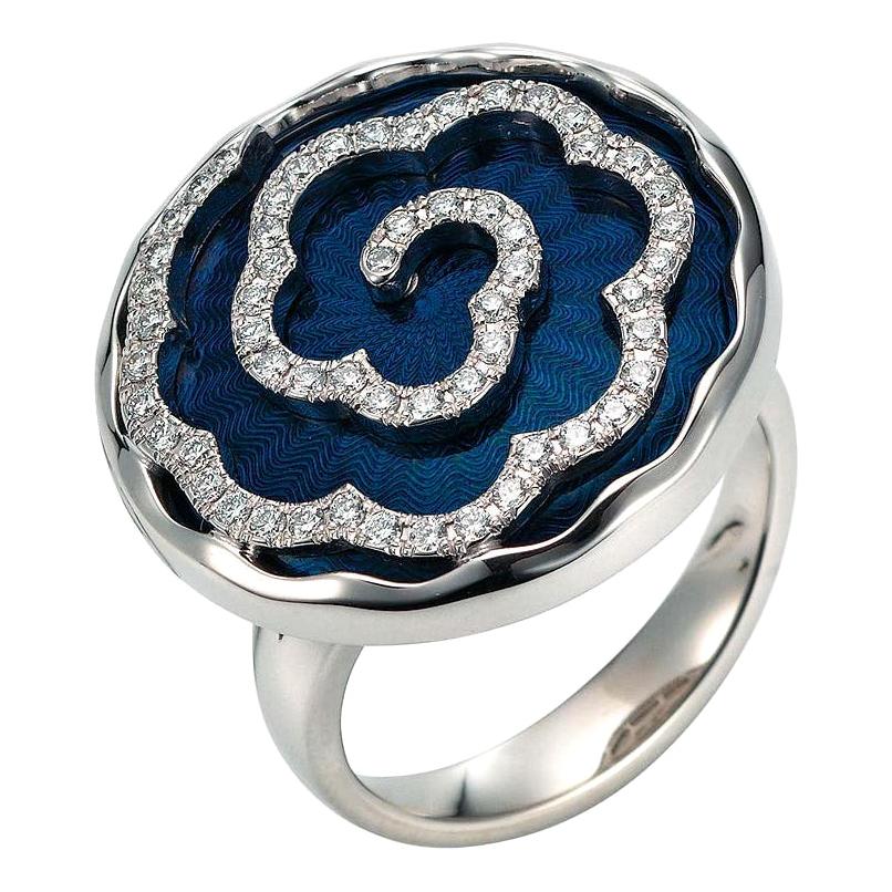 Round Petrol Blue Guilloche Enamel Ring 18k White Gold 57 diamonds total 0.42ct