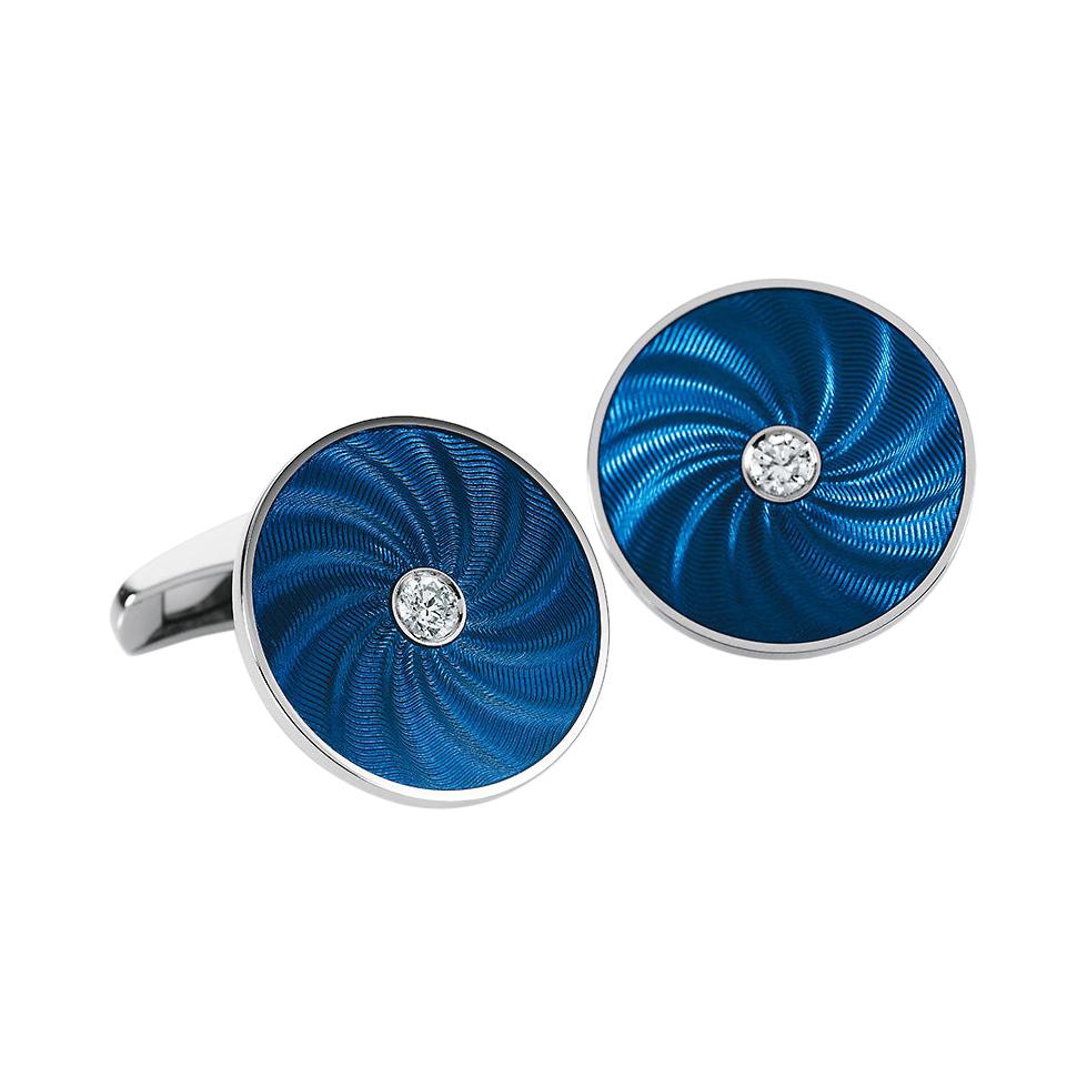 Victor Mayer Cufflinks Blue Enamel Round 18k White Gold With 2 Diamonds 0.26 ct For Sale