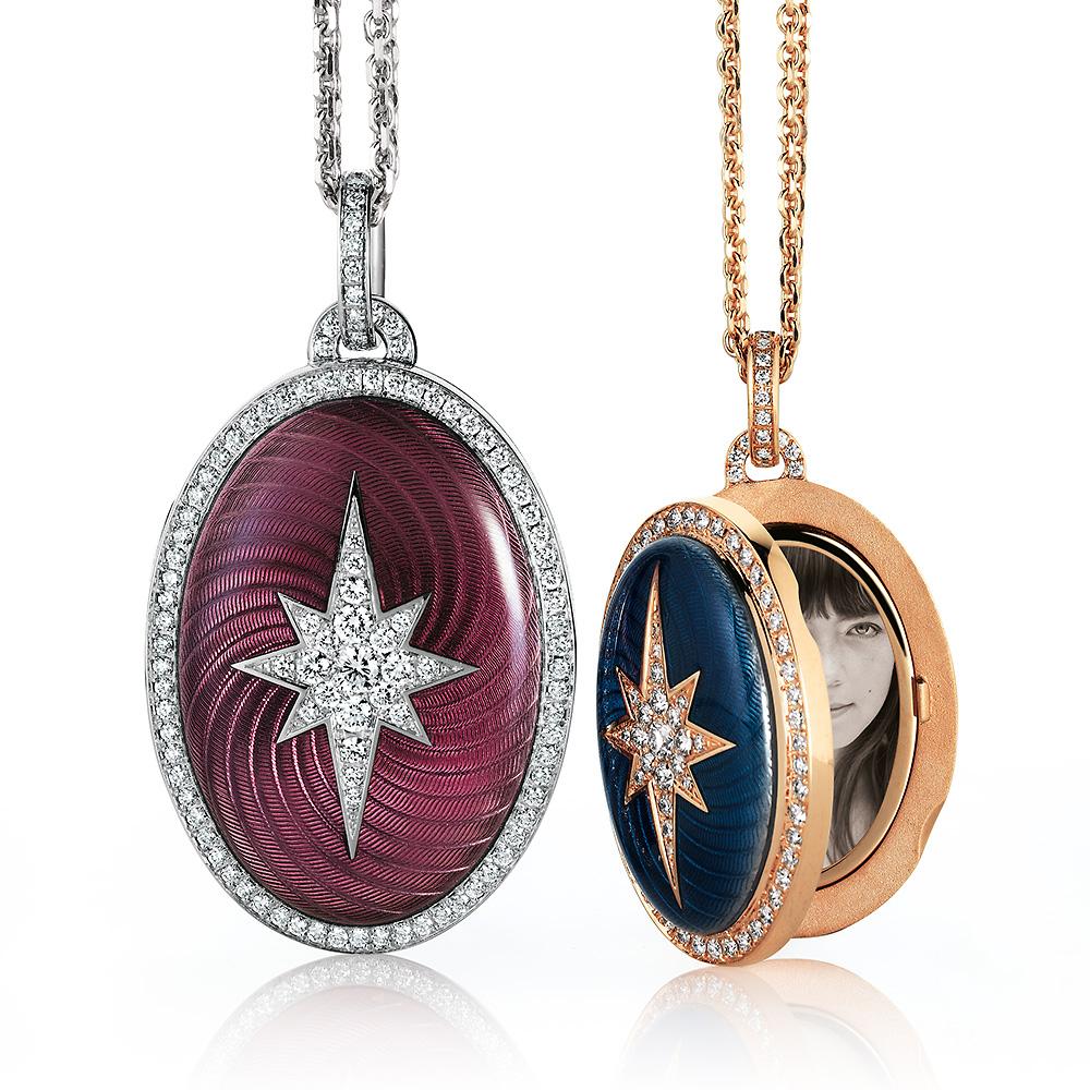 Victor Mayer customizable oval pendant locket 18k rose gold, Brilliant Star Collection, medium blue vitreous enamel, 85 diamonds, total 0.88 ct, G VS, measurements app. 35.8 mm x 23.8 mm

About the creator Victor Mayer
Victor Mayer is